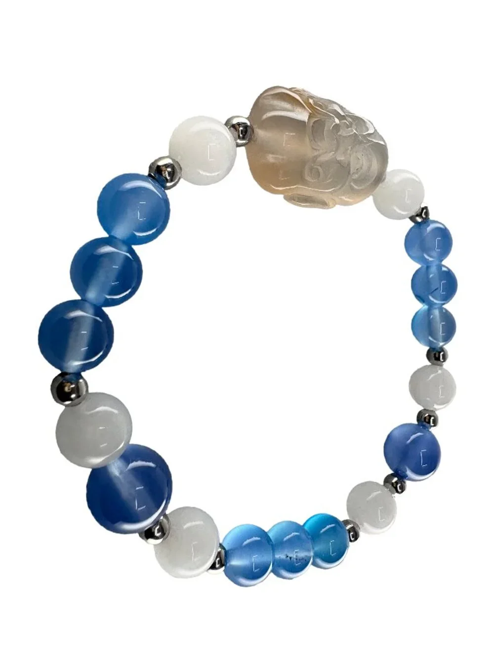 Clear Agate Buddha Head Blue Agate Moonstone Bracelet 21.52g 7